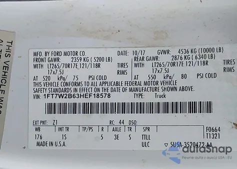 2017 Ford F-250 Xl from USA, damaged, VIN 1FT7W2B63HEF18578